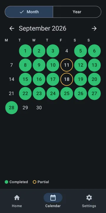 Ritmo calendar for September 2026: most days marked as completed walks, two marked as partial.
