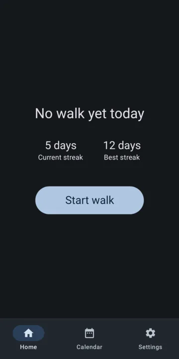 Ritmo home screen: no walk yet today, a 5-day current streak, a 12-day best streak, and a Start walk button.